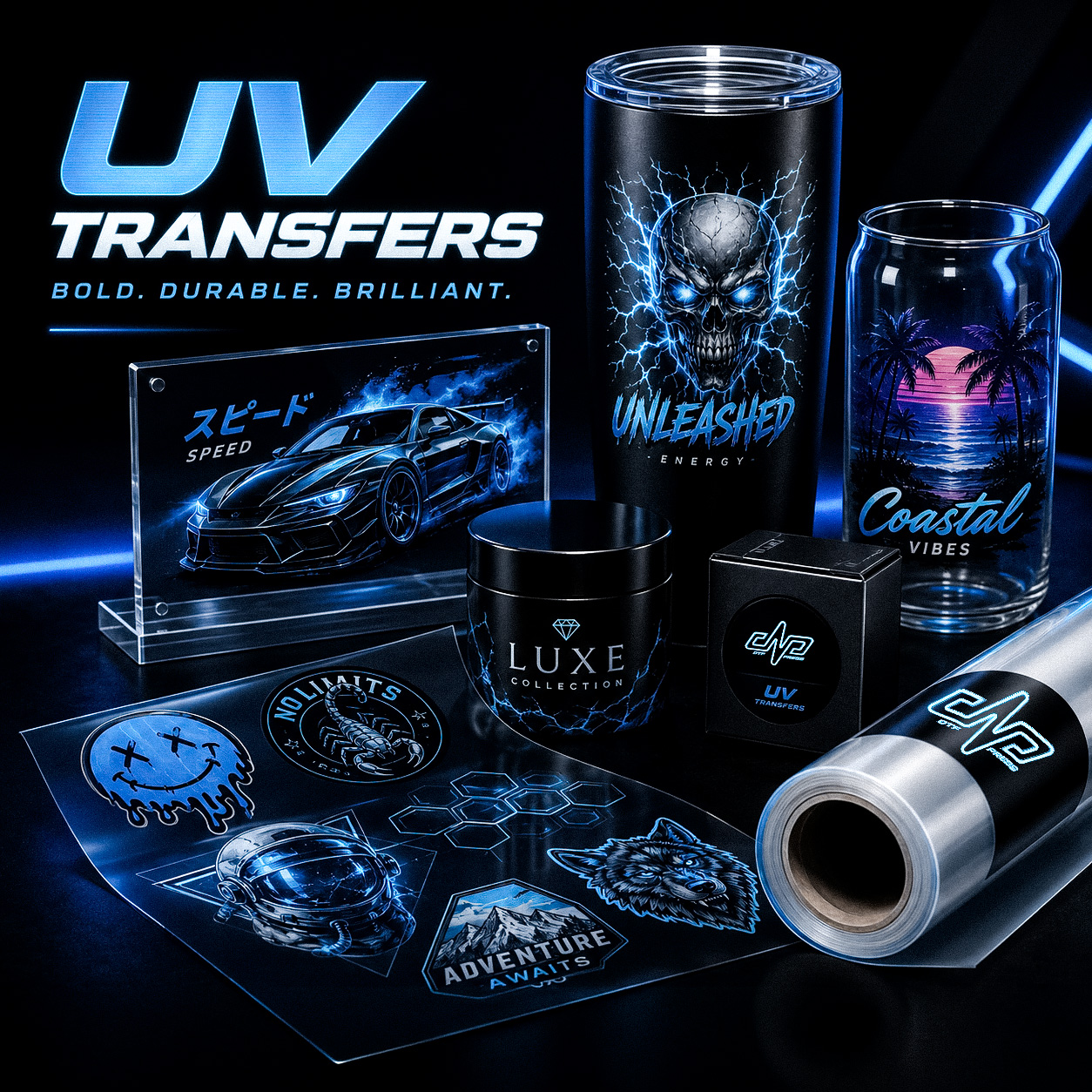 Same-day UV transfers for tumblers cups glass acrylic and hard goods by DTF N Press Davie FL